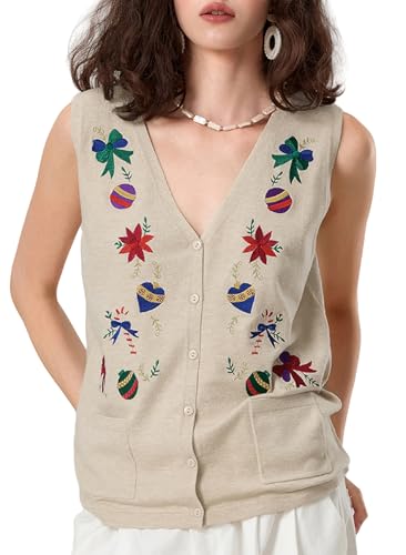 Image of KMBANGI Women Christmas Button Sweater Vest Embroidery Sleeveless Cardigan