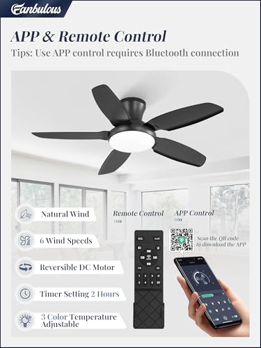 Fanbulous Ceiling Fans with Lights, 42 inch Low Profile Flush Mount Ceiling Fan with Remote/APP Control,Black Modern Ceiling Fan with LED Light for Bedroom Indoor Outdoor-LED Dimmable, 3CCT, 6 Speeds — view 2