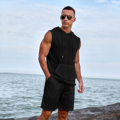 Uni Clau Men's Short Sleeve Summer Tracksuit Hooded Tanks Tops Sweatsuit 2 Piece Casual Sports Shorts Set3