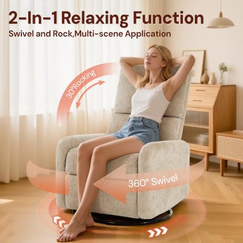 Image of Korser 360 Rocking Chair, Nursery Rocker Chair with Side Pockets, Glider Nursing Chair with Steel Structure Base, Small Chair for Small Spaces, Chenille Swivel Accent Chairs for Living Room, Nursing