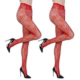 HaiFafafaing 2 Pcs Red Lace Tights, High Waist Red Tights for Women, Floral Fishnet Leggings, Stretchable Pantyhose