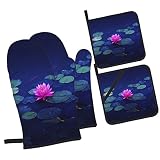 Ofenhandschuhe, Topflappen, hell, Lotus-Druck, 4 Sets, Wärmeisolierung, Mikrowelle, Grillen, Kochen