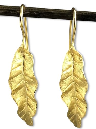MadamLili - Lange Ohrringe Blatt Hängend - 925 Sterlingsilber Gold...