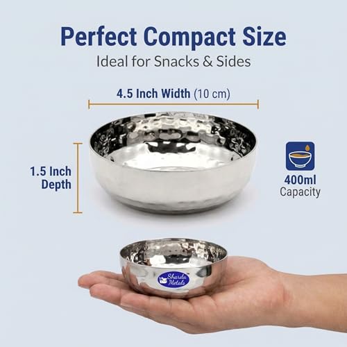 Image of Sharda Metals Hammered Stainless Steel Side Plates | Mathar Plates for Rice Snacks Poha Halwa Dessert Breakfast | Durable Small Serving Plate for Kitchen & Dining Essentials, 4.5 Inch - Set of 6