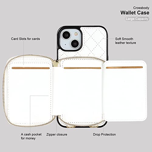 Bocasal Crossbody Wallet Case For Iphone 13, Rfid Blocking Pu Leather Zipper Handbag Purse Flip Cover, Kickstand Folio Case With Card Slots Holder Wrist Strap Lanyard 5G 6.1 Inch (White) #TOP6