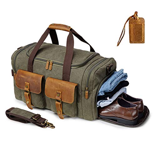 Kemy's Canvas Duffle Bag for Mens Women Oversized Overnight Bags Weekend Travel Duffel Weekender Bags Leather Doufle Gym Carryon Airplanes Carry On Luggage with Shoe Compartment Large Easter Gifts