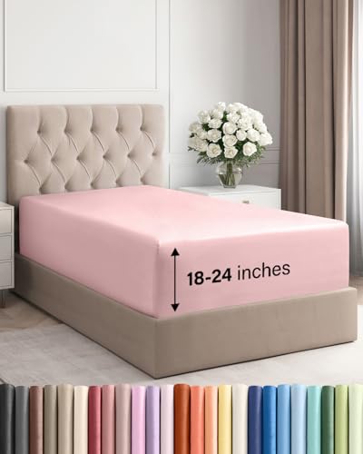 Image of Extra Deep Twin Fitted Sheet - Single Fitted Sheet Only - Baby Pink | Easily Fits 18 inch to 24 inch Mattress, Soft, Wrinkle Free, Breathable & Comfy, Extra Deep Pockets Hotel Luxury Fitted Sheet