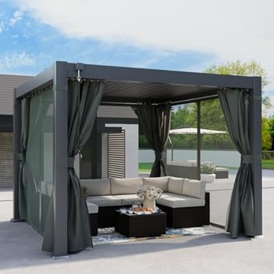 SUNBURY 10'x10' Louvered Pergola, All Aluminum Frame Outdoor Pergola with Adjustable Rainproof Hard Top Curtains & Netting for Patio Garden Backyard (Black)