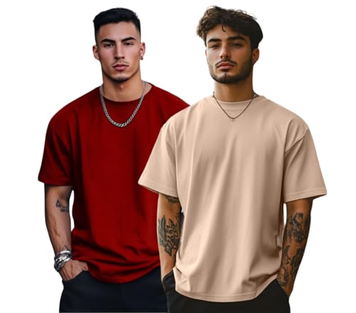 Image of Veirdo Solid Oversized 100% Pure Cotton Combo T-Shirt for Men & Boys (Half Sleeves, Round Neck, Drop Shoulder, Baggy Fit, Pack of 2, Available in S to 2XL