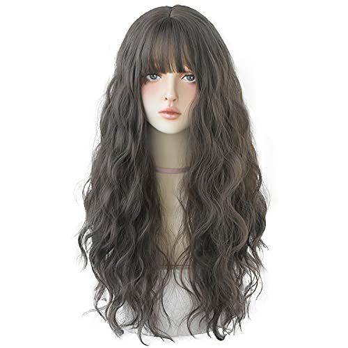 Long Wavy Wig With Air Bangs Synthetic Wig for Women Natural Looking Machine Made 27inch for Party Cosplay Body Wavy(Cold Brown)