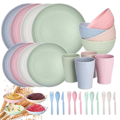 Catálogo de Platos para tazas los 10 mejores. 42 EDINNO 32 piezas Juego de Vajilla de Paja de Trigo, Cubiertos Portátiles con Estuche, Platos, Tazas, Tazones y Cubiertos, para Picnics y Cocina