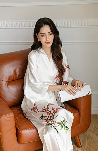 Kwedhonjh Women's Classic 100% Silk Kimono Robe, Bathrobe—Printed Pattern (Plum White) #TOP5