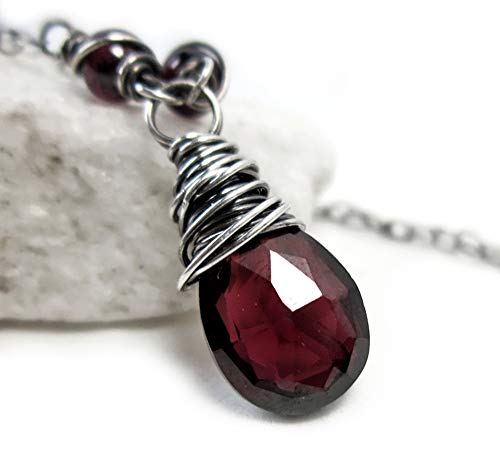 Garnet Necklace - Sterling Silver Wine Red Genuine Gemstone Pendant Burgundy Handmade Jewelry January Birthstone