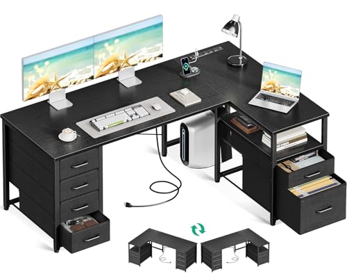 Coleshome L Shaped Computer Desk with 6 Drawers & Power Outlet, 55 Inch Corner Desk with Reversible Storage Shelf & File Drawer, Home Office Desk, Black