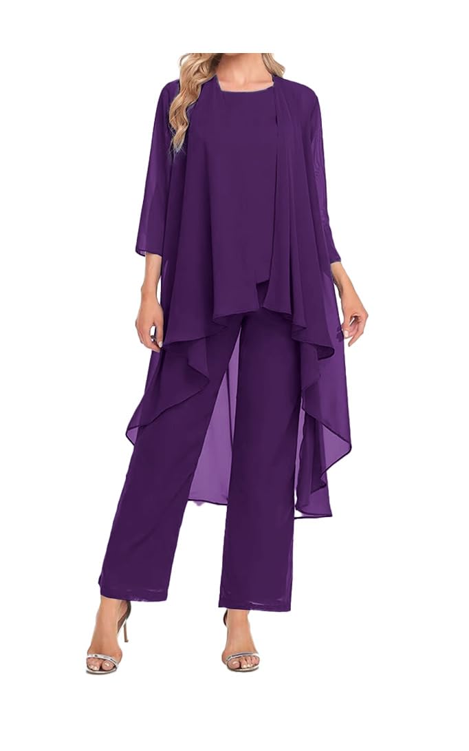 Mother of The Bride Pant Suit with Jacket 3 Piece Chiffon Sets Ruffle Layers Wedding Guest Outfit Deep Purple