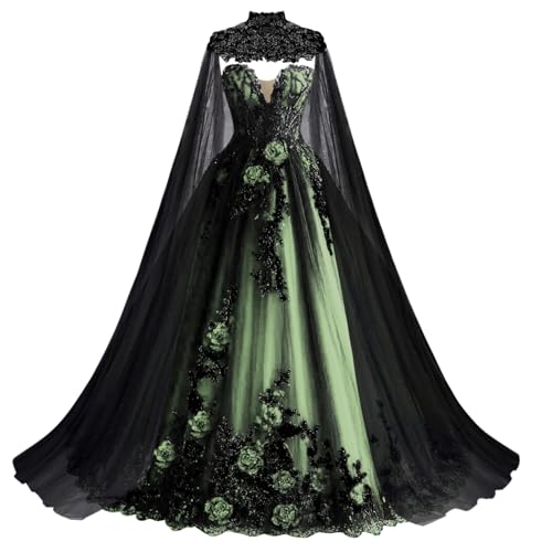 Mauuwy Gothic Sage Green Wedding Dresses with Cape Beaded Size 8