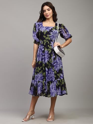 Image of Shasmi Women Women's Floral Printed Midi Dress - Puff Sleeve, Square Neck, A-Line Fit & Flare Casual Outfit