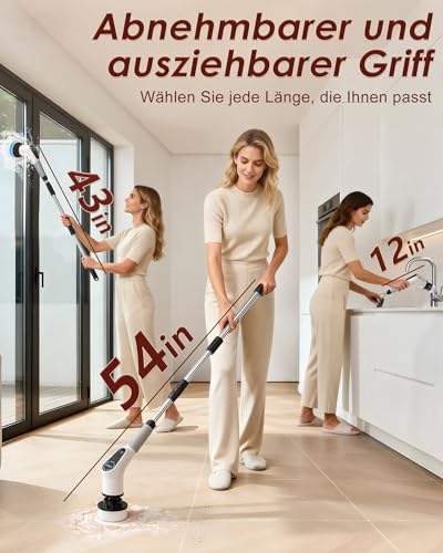 Elektrische Reinigungsbürste, 8 in 1 Electric Cleaning Brush mit austauschbaren Bohrbürstenköpfen, Wanne mopSet, Elektrische Putzbürste mit Verstellbarem Griff für Bad Küche Auto Fußboden