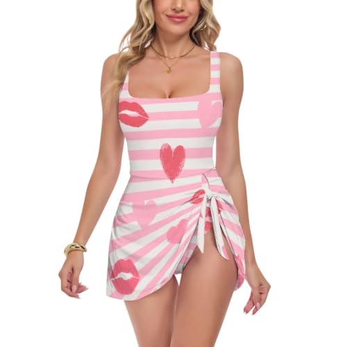Vestido de baño para mujer de diseño estilizado con rayas y motivos de labios