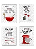 Red Retro Vintage Kitchen Wall Art Prints - Set of 4-8x10 UNFRAMED Gray, Red & White Kitchen Utensil...