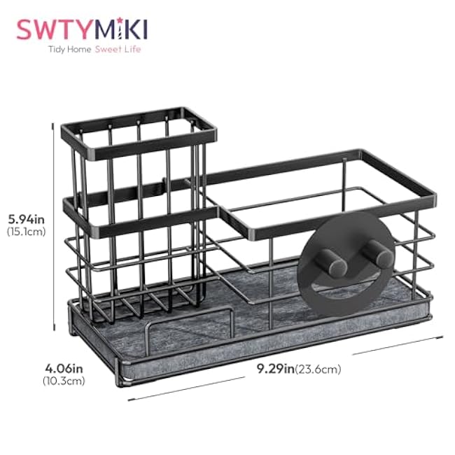SWTYMIKI Kitchen Sink Caddy Organizer, Quick Dry Smiley Face Sponge Holder with Instant Drying Stone, Large Rustproof Sink Organizer for Kitchen Countertop Organization, Black