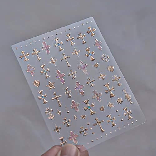 ESOTERIQUE Gold Cross Nail Stickers, 5D Embossed Rose Gold and Gothic Cross Decals for DIY Nail Art, Self-Adhesive Nail Charms for Women and Girls, Perfect for Y2K and Manicure Designs, 1 Sheet