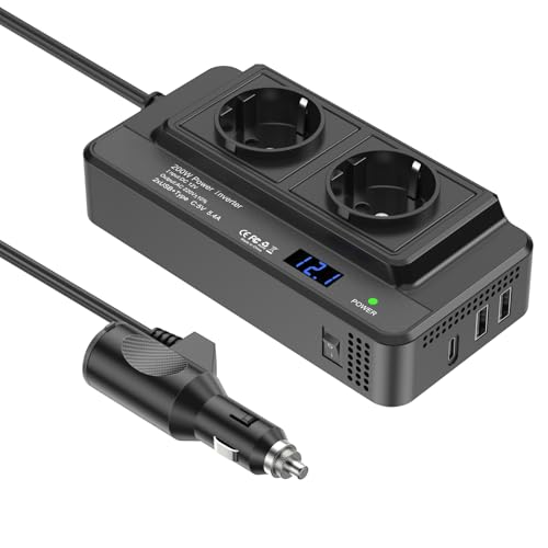 Inversor de corriente para coche de 200 W, 12 V a 230 V, con 2 enchufes, 3 USB y cargador de coche, color negro
