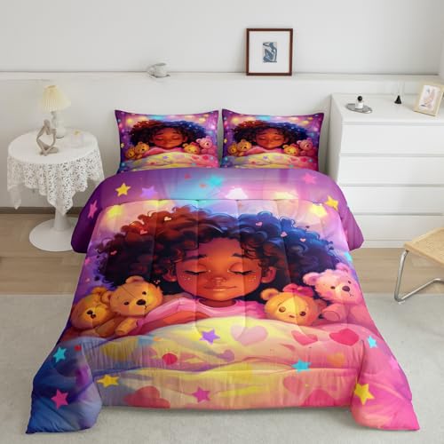 Manfei Black Cute Girl Twin Size Comforter Set,Kawaii Sleeping Kid Cartoon Toy Duvet Set Soft Bed Collection,Neon Colorful Stars Dreamy Starry Night Bedding Comforter for Kids Adults Bedroom,2 Pcs
