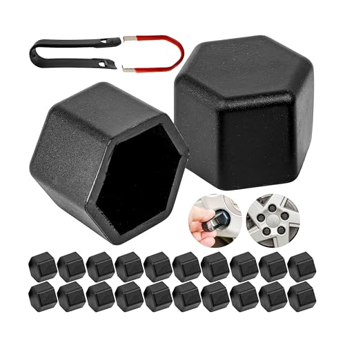 Your Day Mate Juego de Tapones de Rueda, 24 Piezas, para Tornillos y Tuercas hexagonales de 21 mm, Ø de Agujero de Rueda mín. 28 mm, Tapones de Rueda de Silicona en Negro, 2 x Herramienta