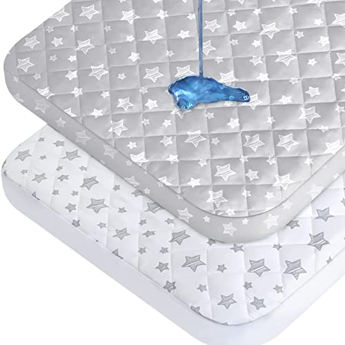 Image of Waterproof Pack and Play Mattress Pad Protector 39" x 27" 2 Pack, Compatible with Graco Pack n Play, Playard Mattress Protector, Grey & White Star