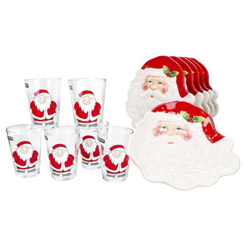 MamboCat Santa Lot de 12 verres à lait de 240 ml et 6 assiettes à pâtisserie avec décor Père Noël I Verre à boire pour café, liqueur d'œuf et assiette à biscuits pour Noël et Noël