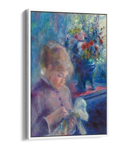 Impression sur toile Renoir Jeune femme à coudre avec cadre blanc 50x75 cm