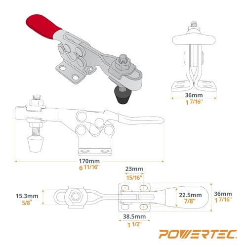 Image of POWERTEC 48 inch Universal T-Track 2PK w /Horizontal Hold Down Toggle Clamp 4PK & Mounting Plate for Woodworking Jigs, Table Saw Sled, Drill Press Table, CNC Machine and Work Bench (72139)