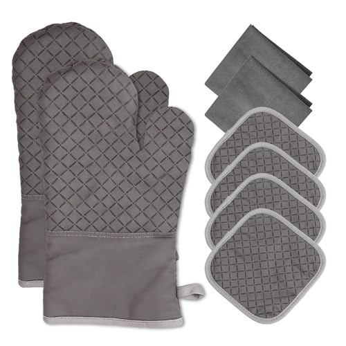 LgowithU Ofenhandschuhe Topflappen Set, 8er Set Anti-Rutsch Kochhandschuhe, Hitzebeständiger Küchenhandschuh, Backhandschuhe mit 2 Küchentuch, Topfhandschuhe für Kochen Backen Grillen Geschenk