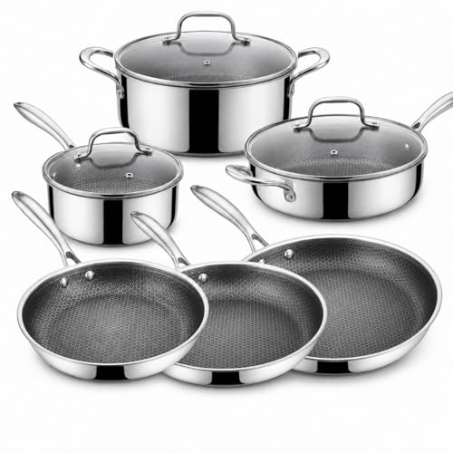 Cflagrant® By Napoléon Batterie de Cuisine 9 Pieces Nid d'Abeille et Inox 18/10 Triply, 3 Poêles 20/24/28 cm, Casserole 16 cm, Sauteuse 24 cm, Faitout 22 cm