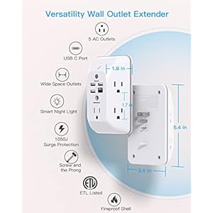 Outlet extender with night light multi plug outlet usb wall charger surge protector 4 usb charging port1usb c power strip electrical outlet splitter expander for home office dorm room etl listed  urban country home decor