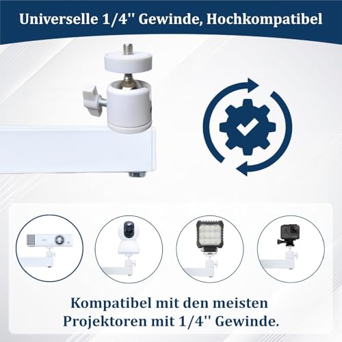 MxSplorion Beamer Halterung Wand, Verstellbare Projektorhalterung 360° Drehbar, Metall Projektor Ständer mit 1/4-Zoll-Schraubschnittstelle, Beamer Halterung Decke für Heimkino, Spielzimmer, BüRo,Weiß