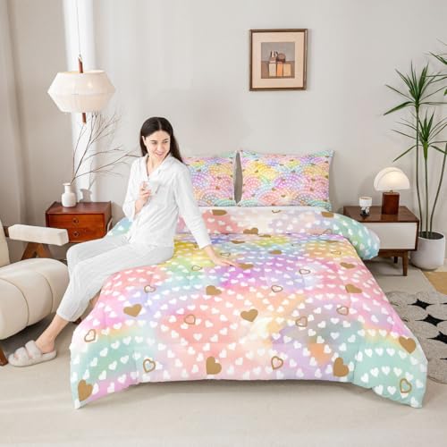 Image of Erosebridal Rainbow Hearts King Comforter Set Gold Heart Bedding Set for Kids Teens Valentine Love Geometric Quilt Love Heart Bedroom Decor 3 Pcs