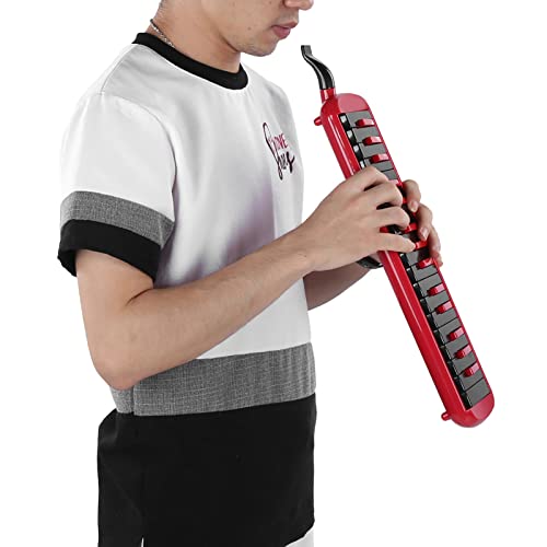 32 Key Melodica for Beginners, Ergonomic Wind Instrument with Built-in Keyboard, Red