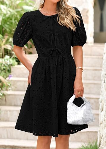 Image of KIRUNDO Eyelet Summer Dresses for Women 2025 Short Sleeve Tie Front Babydoll A Line Wedding Guest Beach Vacation Sundress