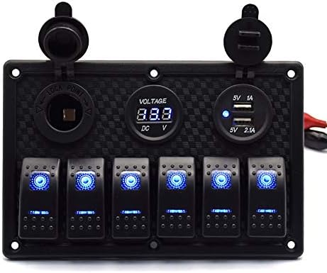 6 Gang Marine Boat Rocker Switch Panel 12V Waterproof RV Led Switch Panel for Car Truck Marine Boat, Digital Voltmeter Display Dual USB Charger Port DC 12 Volt Socket 12/24V Blue Lighted