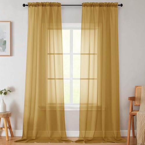 WelvetBLK Extra Long Sheer Gold Curtains for Bedroom Living Room 120 Inches Long 2 Panels Set, Solid Soft Light Filtering Rod Pocket Sheer Window Curtains, Gold, Each 42" Wx120 L Inch