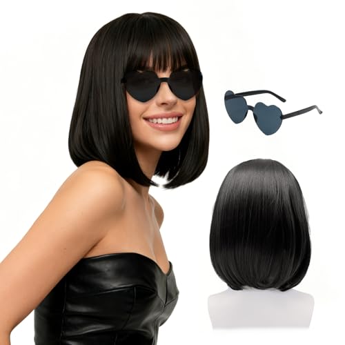 GYIOFAI Parrucche da Festa e Occhiali da Sole per Donne Ragazza, 12 Pollice/ 30 cm Nero Lisci Parrucca Caschetto Bob Corto con Frange Sintetico Capelli per Costume Cosplay Halloween (Nero)