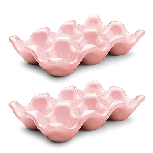 Flexzion Porcelain Egg Crate - 6-Egg Capacity Ceramic Egg Tray, Half Dozen Egg Holder for Fridge, Countertop Display - Pink Decorative Serving Dish and Storage Organizer, 2 Pack