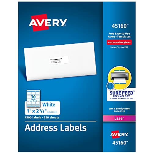 Avery Mailing Address Labels, Laser Printers, 7,500 Labels, 1 x 2-5/8, Permanent Adhesive, 2 Packs (45160)