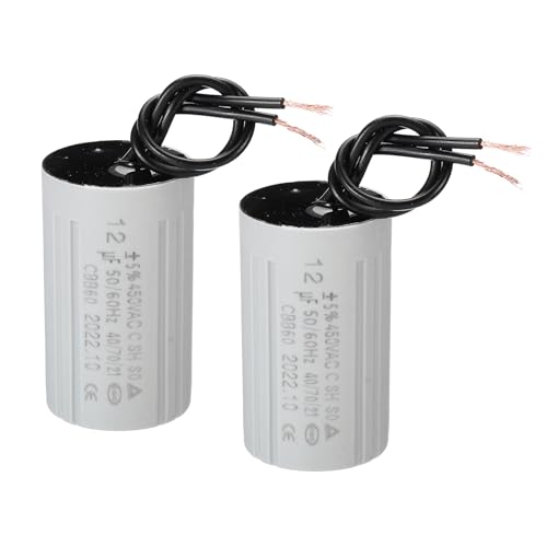 YOKIVE 2 Pcs Condensador CBB60 De 12uF, Condensador De Marcha Con 2 Cables, 450V CA Para Motores De Arranque, Ideal Para Compresores De Aire, Bombas (Plateado, 60x35mm)