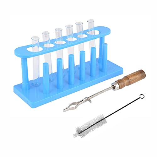 Image of Borosilicate 3.3 Glass Test Tubes 15X125MM (6 pcs) with Plastic Test Tube Stand (White) and Test Tube Holder with Free Test Tube Cleaning Brush Combo of 9 Products