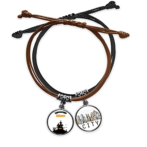 Bracelet fantôme et chauve-souris d'Halloween en cuir noir réglable