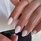 White Press on Nails Short Oval Round Nails Glue on, SXVME Milky White Short Fake Nails Press ons, Acrylic False Nails Handmade of Gel, Best Thick Natural Almond Nails for Big & Petite Fingers, 24Pcs