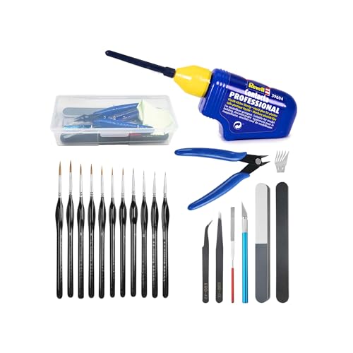 Revell Contacta Model Glue, Model Making Tool Set & Premium Fine Detail Paint Brush Set - Great For Plastic Model Making - 25g Glue, 9pc Tool Set, 11pc Paint Brushes